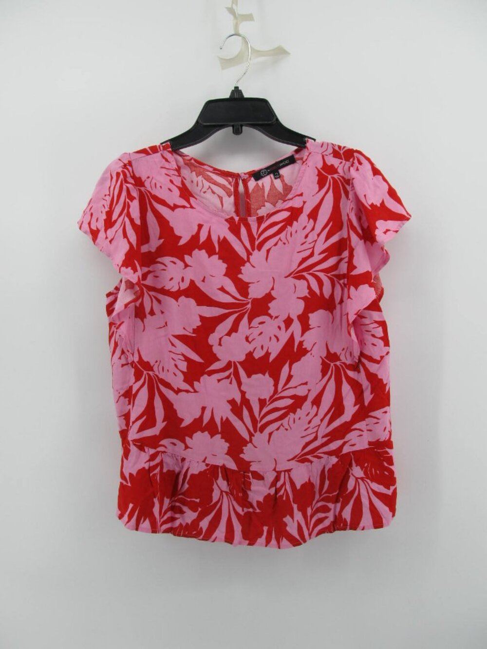 Roselyn Sanchez Pink And Red Floral Short Sleeve Ruffle Peplum Top Medium